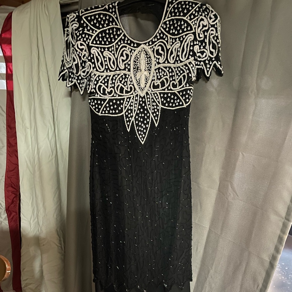 Black with black and white beads mother of the bride dress with black beaded hem
